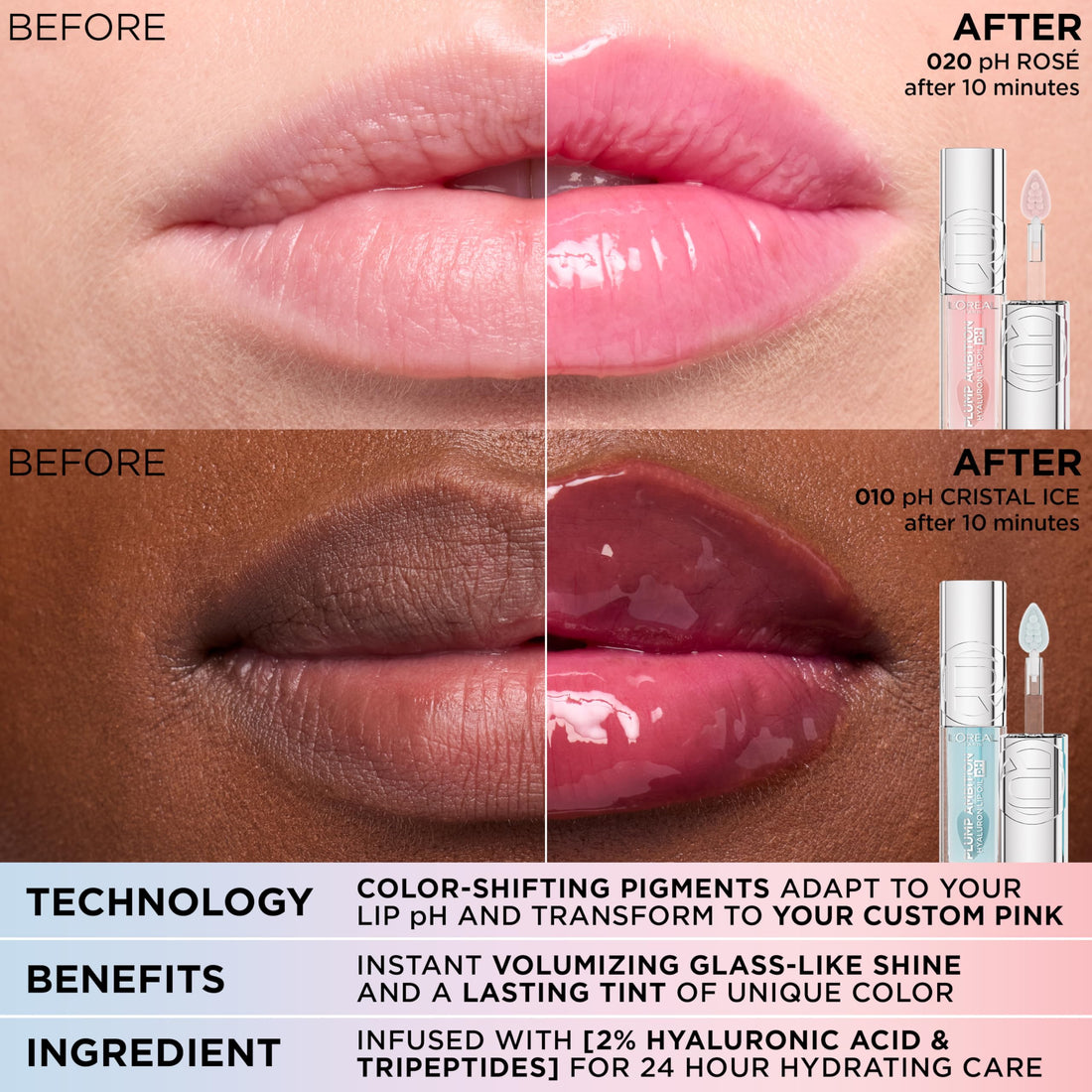 L'Oreal Paris Plump Ambition pH Hyaluron Lip Oil, Color Shifting Lip Tint with 24HR Hydration, Volumizing Shine and Lasting Color, 020 pH Rosé Halalzen