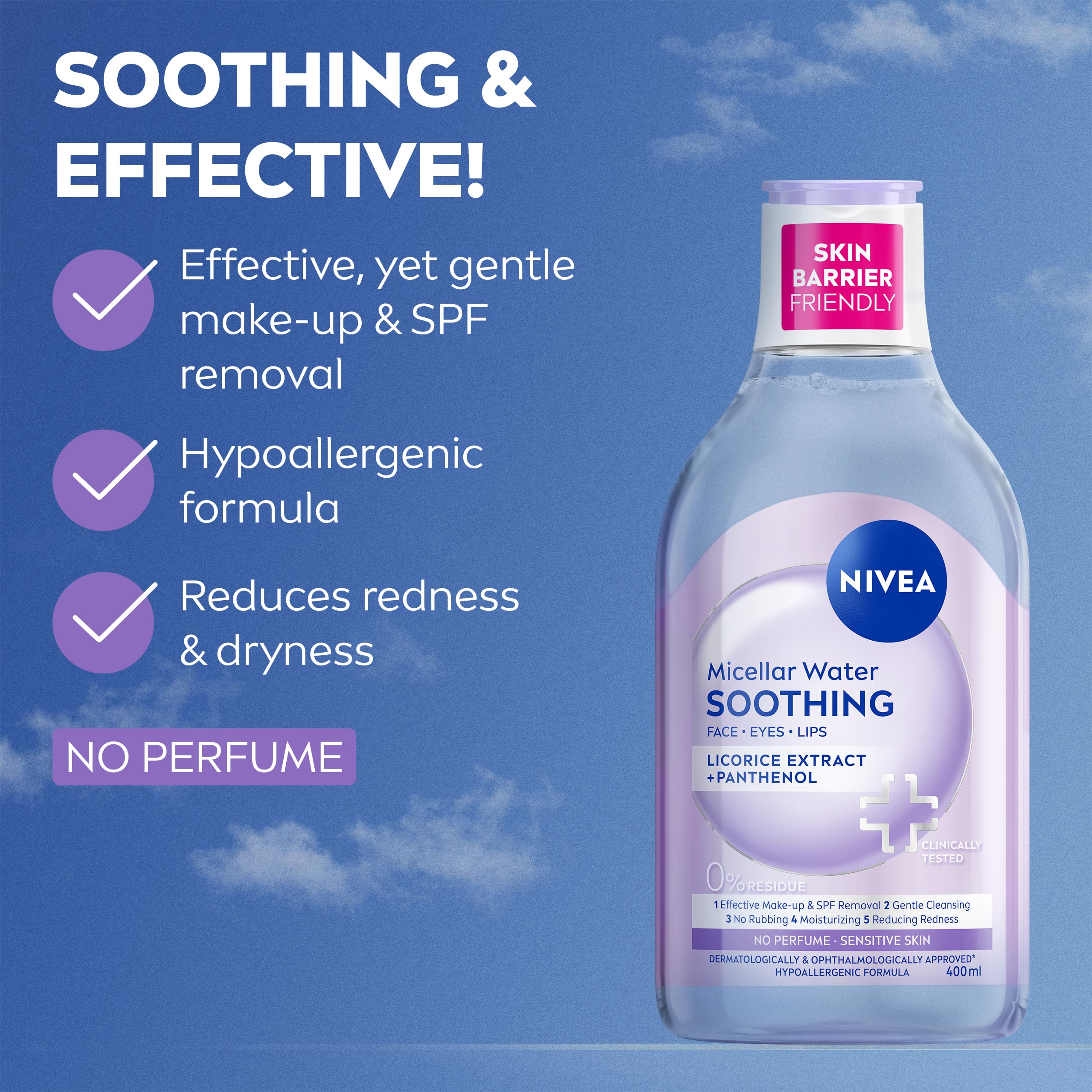 NIVEA Soothing Micellar Water for Sensitive Skin (400ml), Gentle Makeup Remover for Sensitive Skin, Micellar Cleanser with Licorice Extract and Panthenol Halalzen