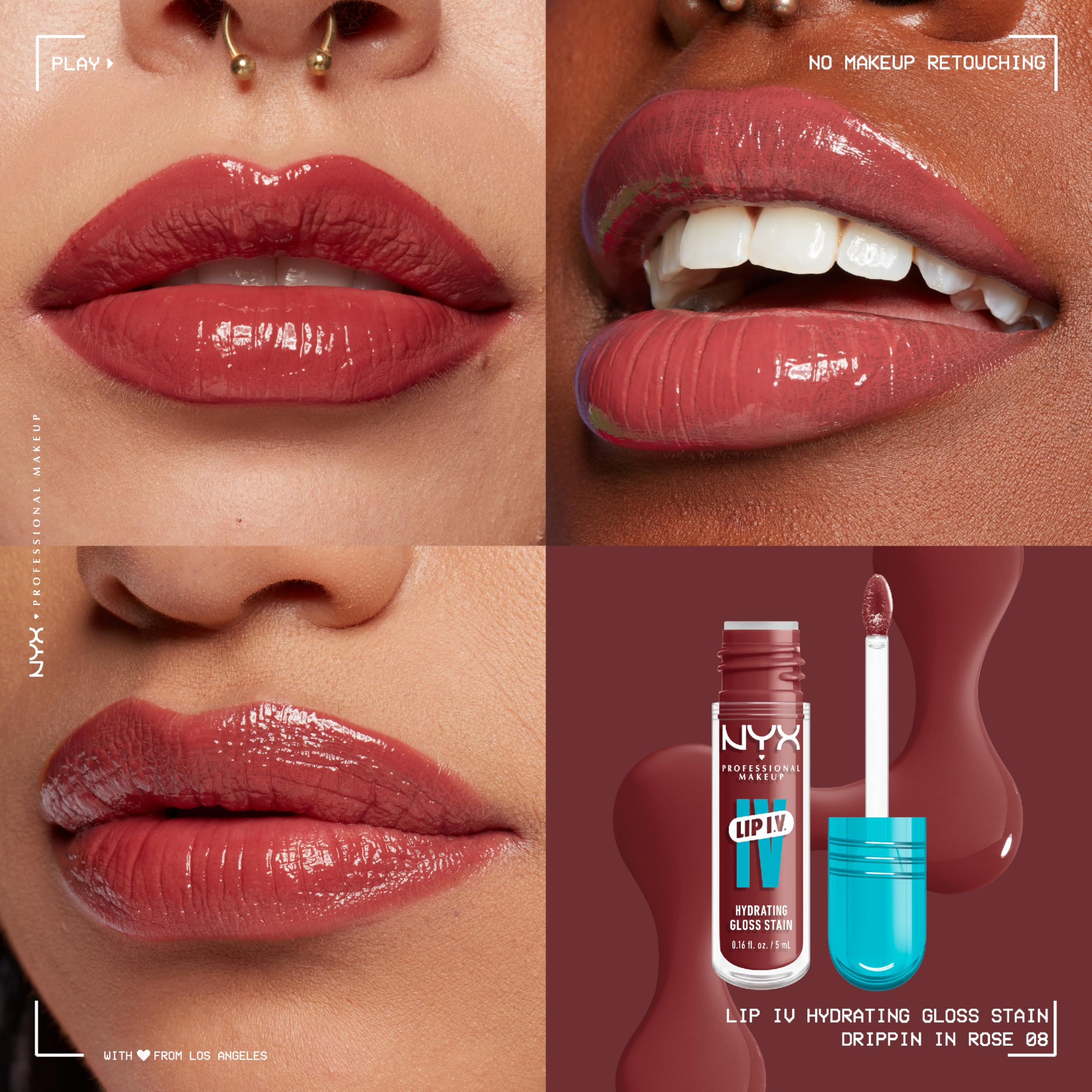 NYX PROFESSIONAL MAKEUP Lip IV Hydrating Glossy Lip Stain, Long-Lasting, Tinted, Vegan Formula with 12 HR Hydration - Hydra Honey (Brown)