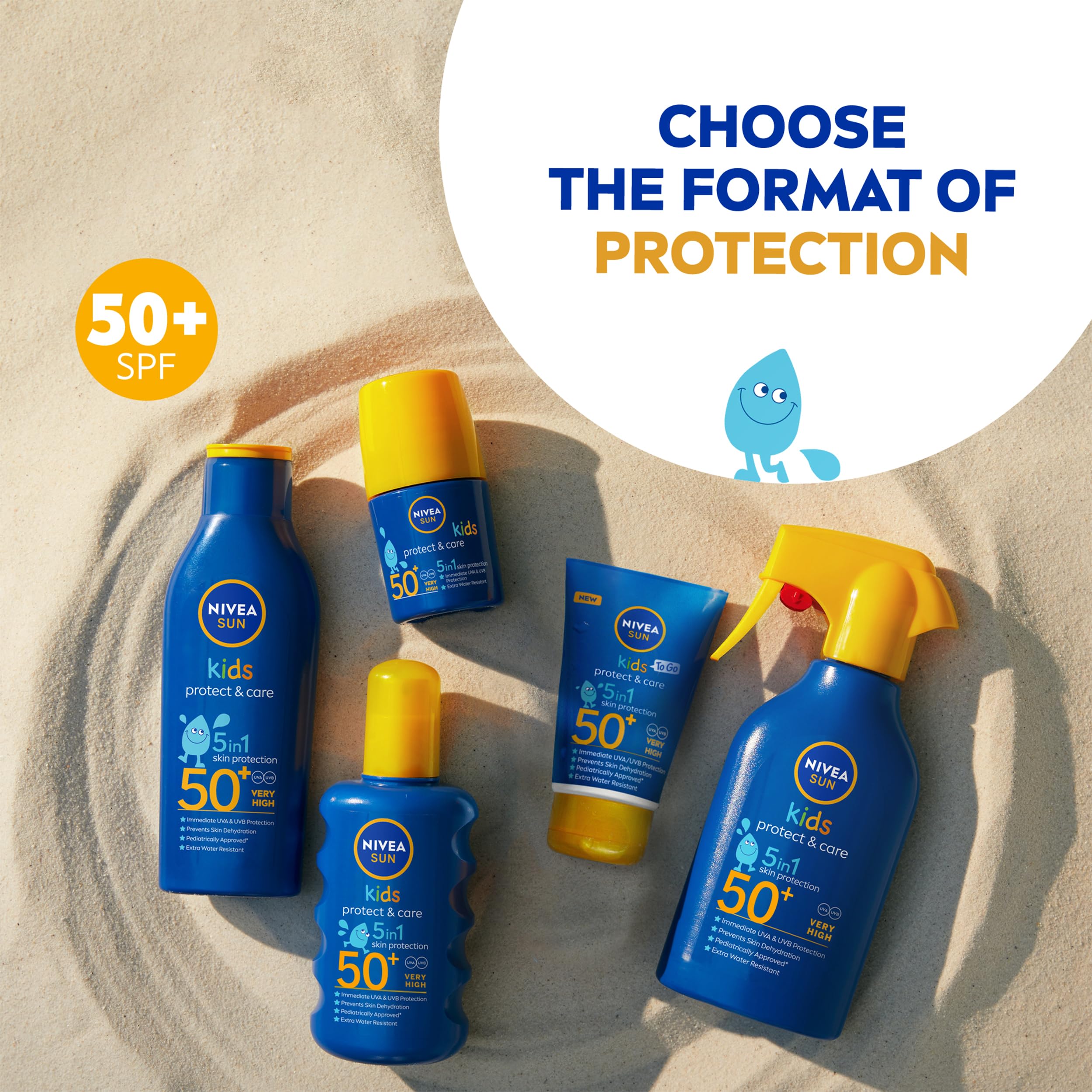 NIVEA Sun Kids Protect & Care To Go SPF 50+ Lotion (50ml), Moisturising Kids Sun Cream Immediately Protects Delicate Skin Against Sunburn and Long-Term UV Damage, Fast-Absorbing No White Cast Formula