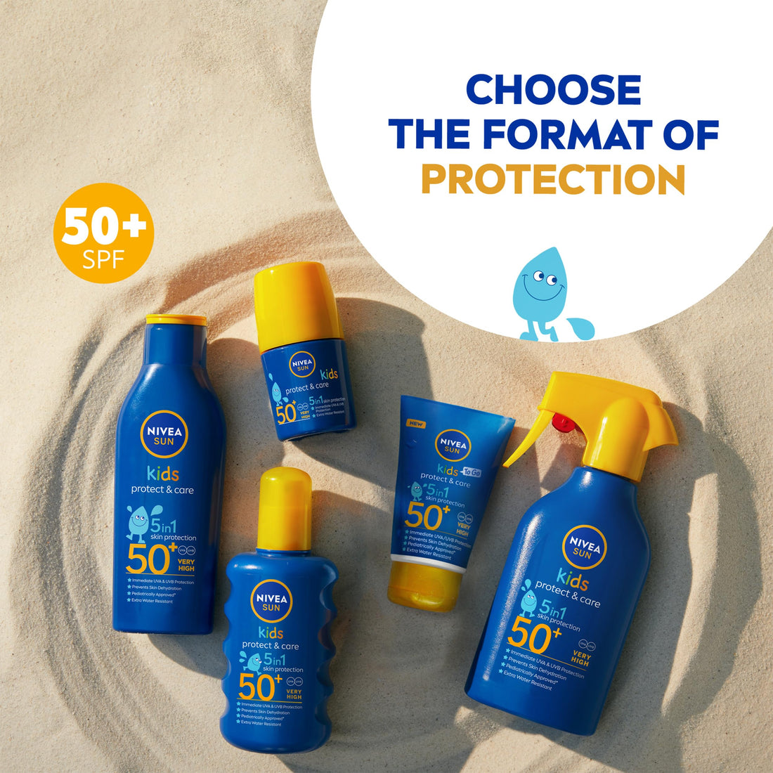 NIVEA Sun Kids Protect & Care To Go SPF 50+ Lotion (50ml), Moisturising Kids Sun Cream Immediately Protects Delicate Skin Against Sunburn and Long-Term UV Damage, Fast-Absorbing No White Cast Formula