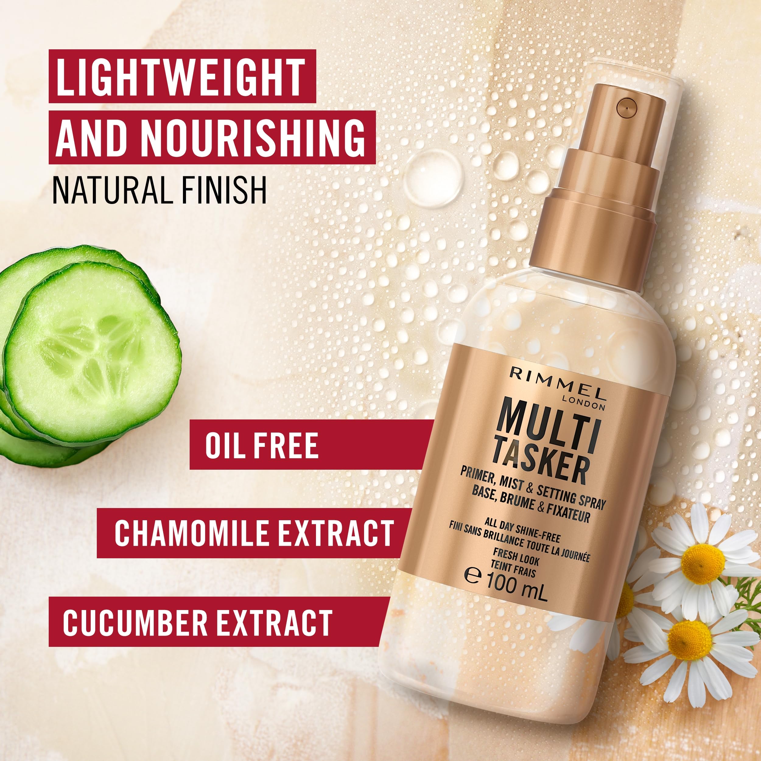Rimmel Multi-Tasker Setting Spray, 3-in-1 Hydrating Primer & Mist, All Day Setting Power, Refreshes Dull & Dry Skin, Oil-Free, Infused with Cucumber & Chamomile, Vegan, 100ml Halalzen