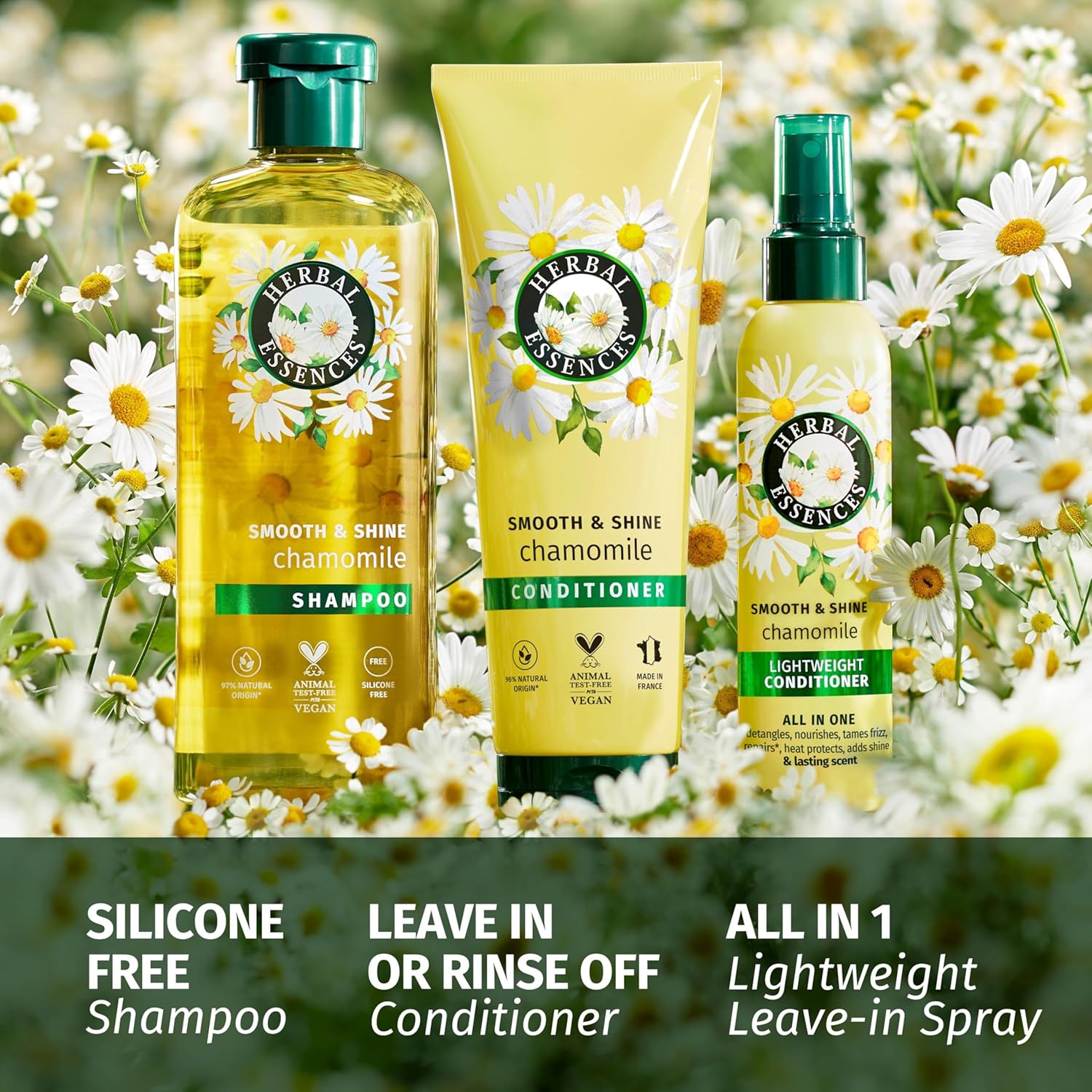 Herbal Essences Chamomile Smooth & Shine Set: Shampoo 350ml + Conditioner 250ml + Lightweight Leave-In Conditioner All In One 145ml Halalzen