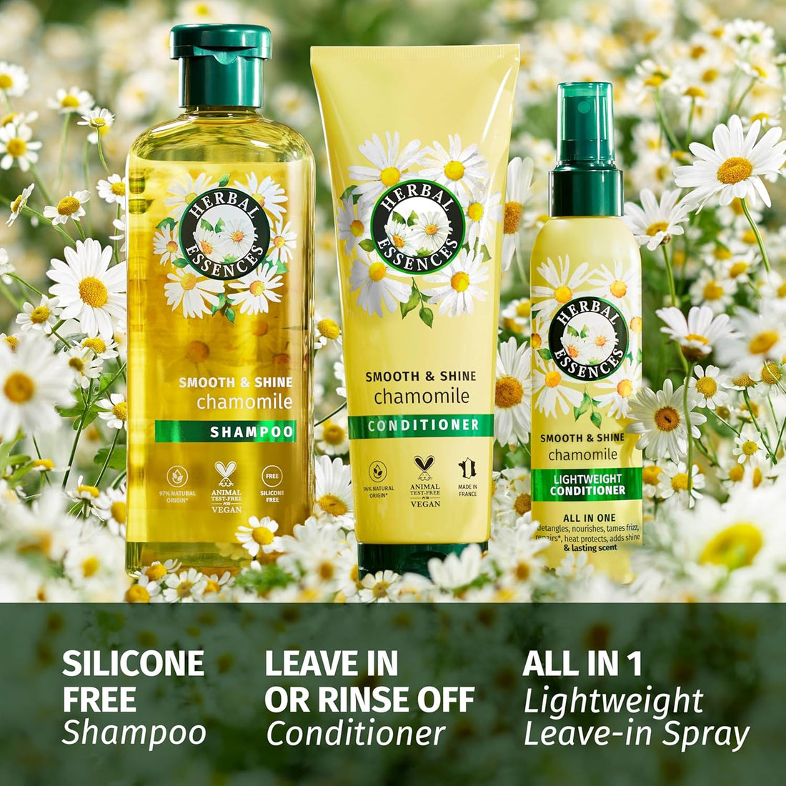 Herbal Essences Chamomile Smooth & Shine Set: Shampoo 350ml + Conditioner 250ml + Lightweight Leave-In Conditioner All In One 145ml Halalzen