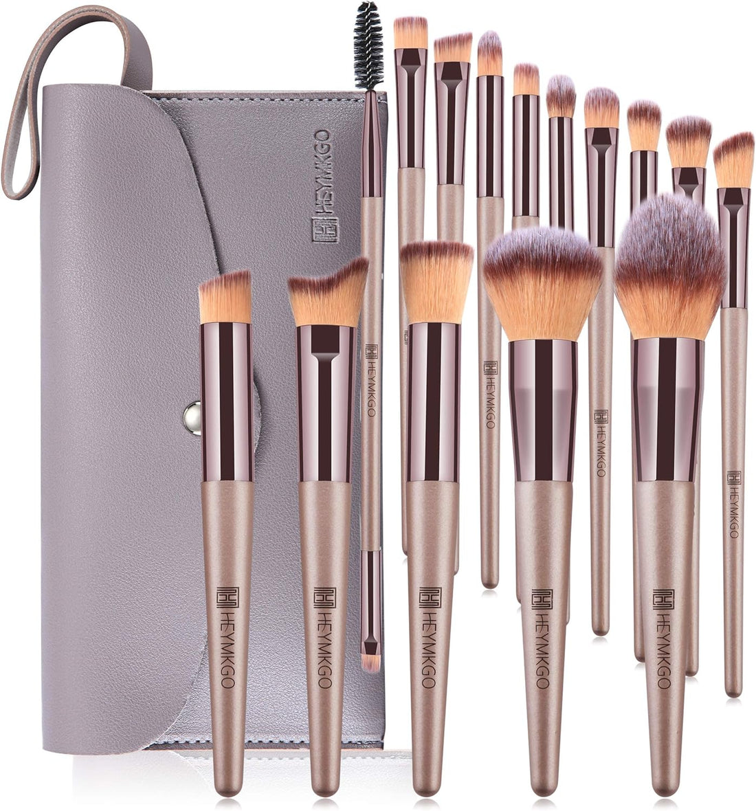 HEYMKGO Makeup Brushes, 15 Pcs Make Up Brushes Set Professional Champagne Gold Makeup Brush Pack, Foundation Blending Powder Blush Concealers Eyeshadow Eyeliner Make-up Brush Kits with Cosmetics Bag Halalzen