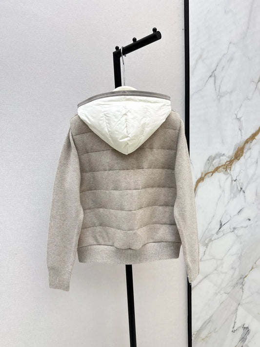 2025 Autumn and Winter Slim New Women's Clothing Hooded Knitted Spliced Down Jacket Nylon Wool Knitted 90 White Goose Down Linin