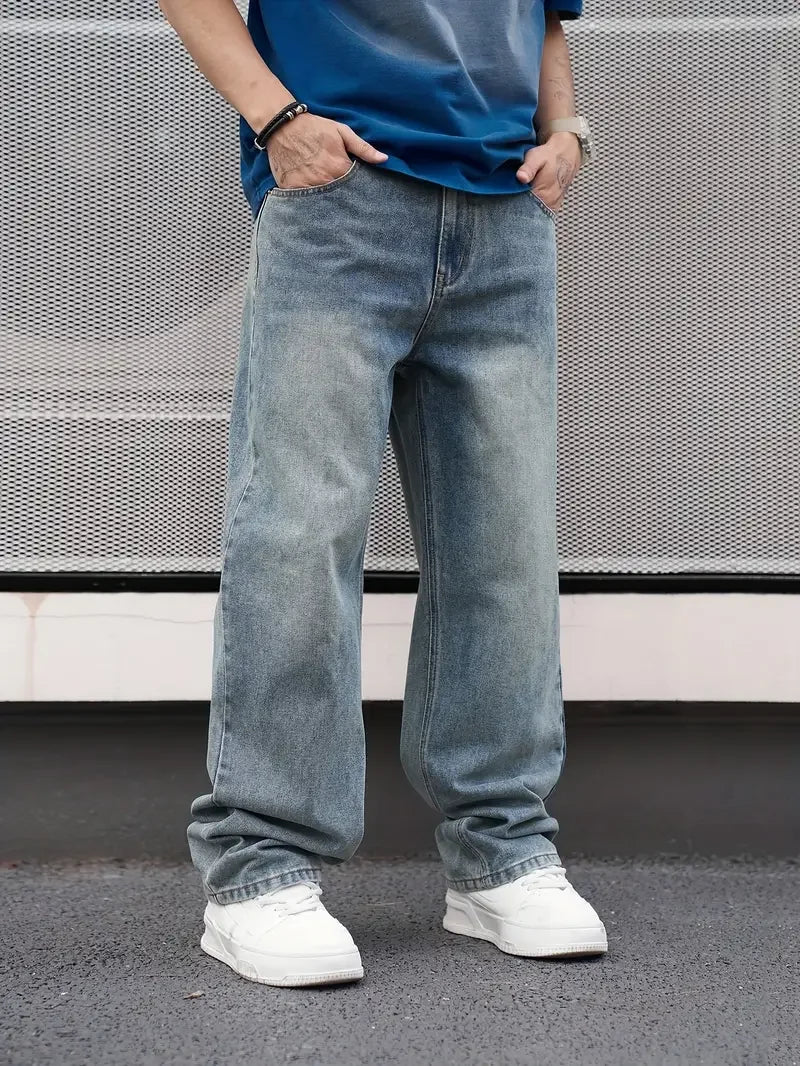 Men'S Casual Straight Wash Jeans - Light Blue, Loose Fit, Oblique Pocket, Comfortable Blend, Suitable For Casual Wear