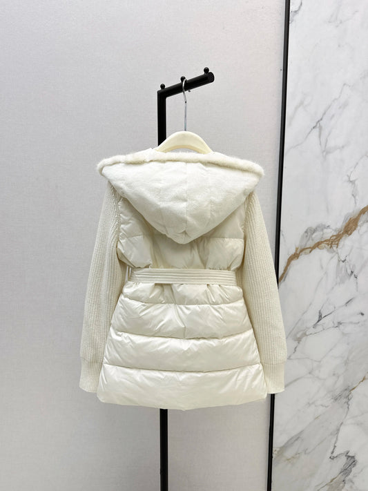2025 Winter New Women's Down Jacket Wool Knitted Splicing Hooded Down Jacket Wool Knitted Fabric 90% White Duck Down Lining