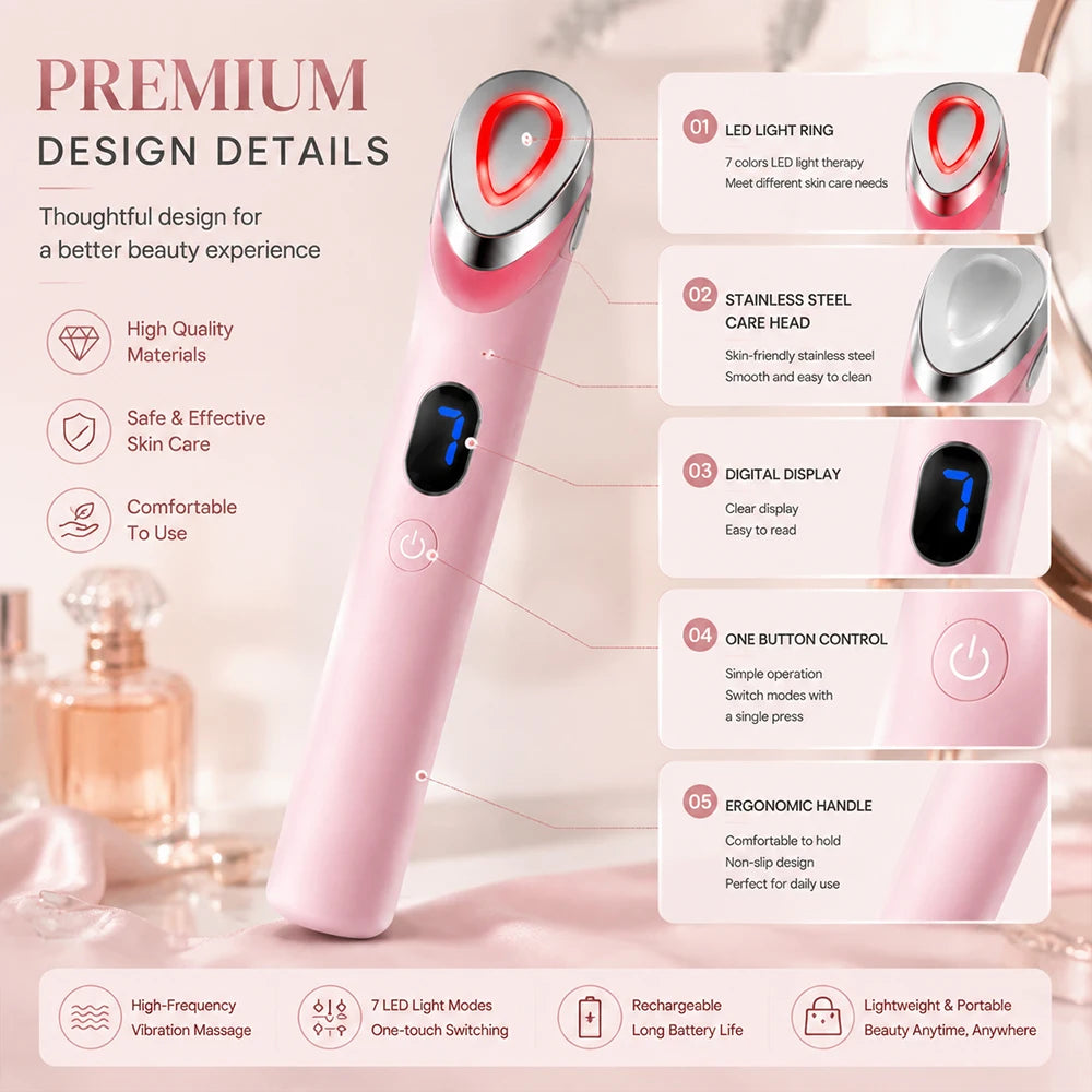 Portable Vibration Facial Massager with 7 Color LED Skin Care Tool USB Rechargeable Beauty Device
