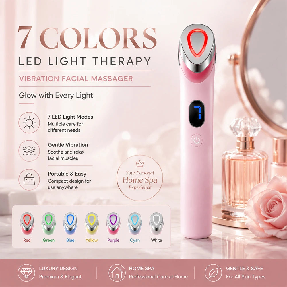Portable Vibration Facial Massager with 7 Color LED Skin Care Tool USB Rechargeable Beauty Device