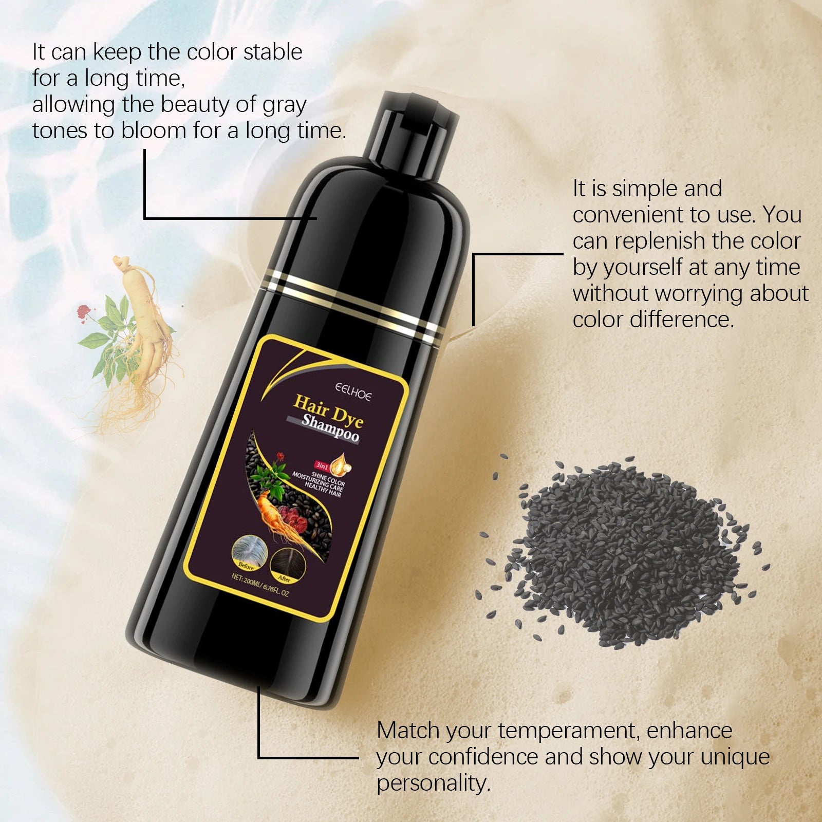 Black Hair Dye Shampoo Gray White Cover Repair Dry Damaged No Harm Deep Nourishing Natural Organic Herbal Instant Coloring Shampoo