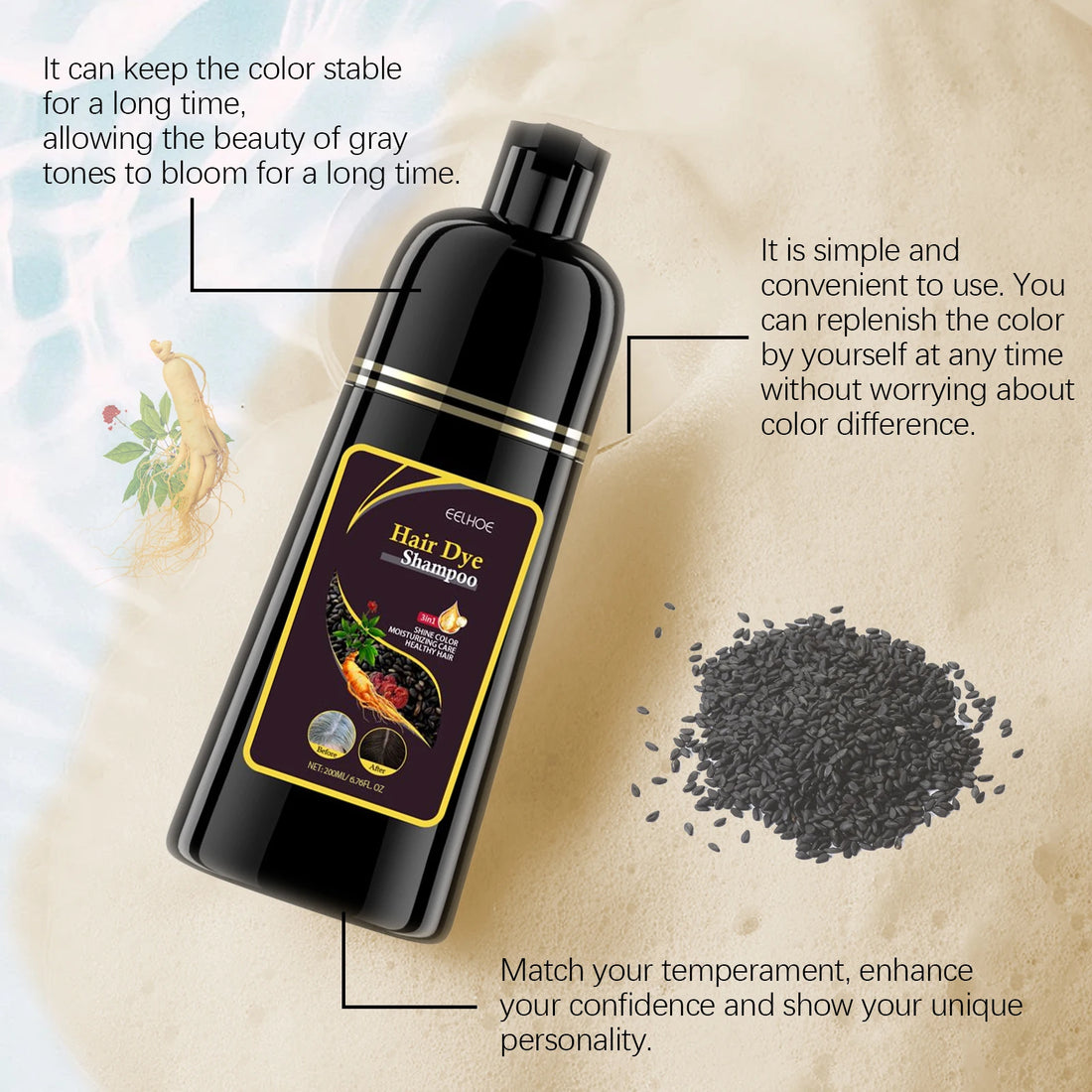 Black Hair Dye Shampoo Gray White Cover Repair Dry Damaged No Harm Deep Nourishing Natural Organic Herbal Instant Coloring Shampoo