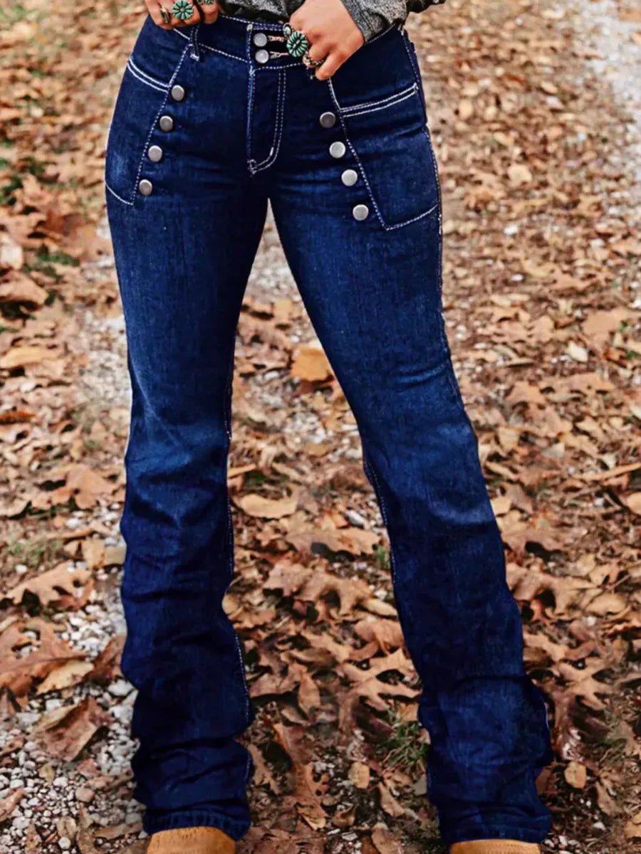 HME Y2K Double Breasted Flared Denim Jeans Cowgirl Butt Lifting High Waist Fashion Pants Women's Stretchy Tummy Control Trousers