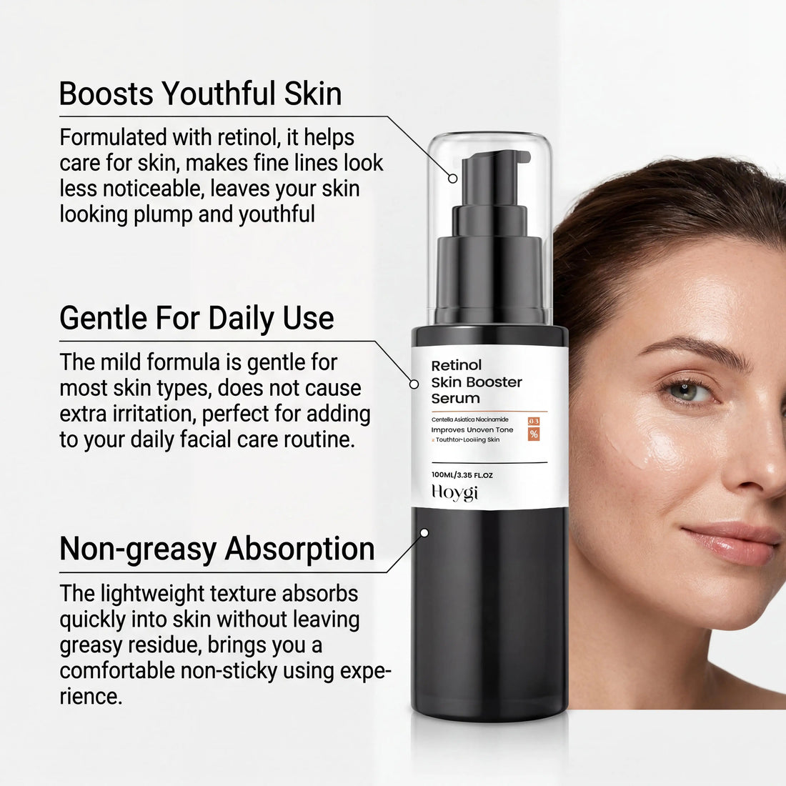 Hoygi Retinol Facial Serum Gentle Hydrating Brighten Skin Tone Firming Lifting Anti-Aging Smooth Fine Lines Daily Face Skin Care