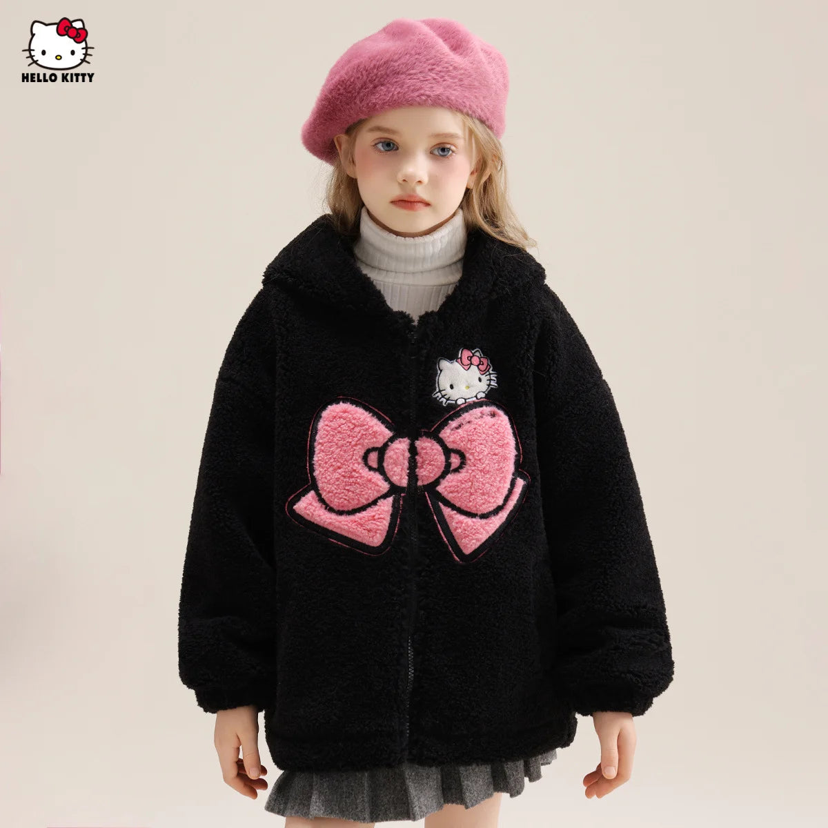 Sanrio Hello Kitty Girls' Thickened Fleece Jacket with Butterfly Design, Autumn and Winter Warm Loose Style - Versatile and Vers
