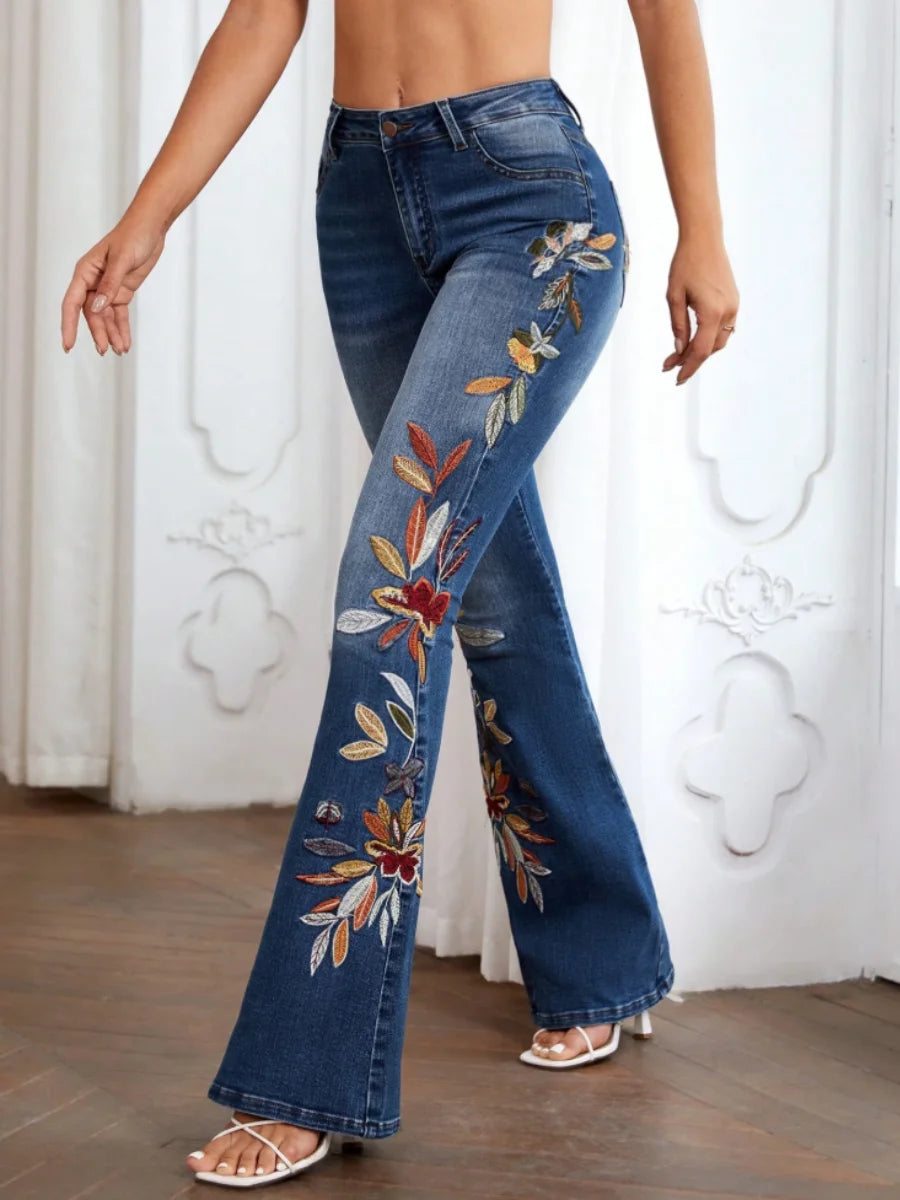 【HME】Women's Bohemian Mid-Waist High-Waisted Stretch Bell-Bottom Jeans - Floral Print & Multicolor Boho-Embroidery
