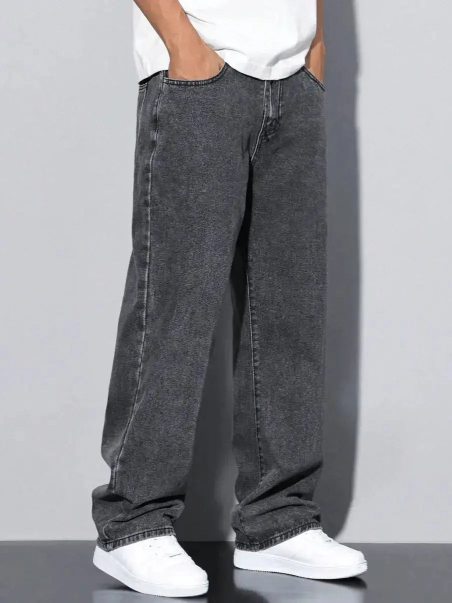 Men's Straight-Leg Jeans - Casual | Five-Pocket | Washed Grey | All-Season Comfort Mid-Rise Fit