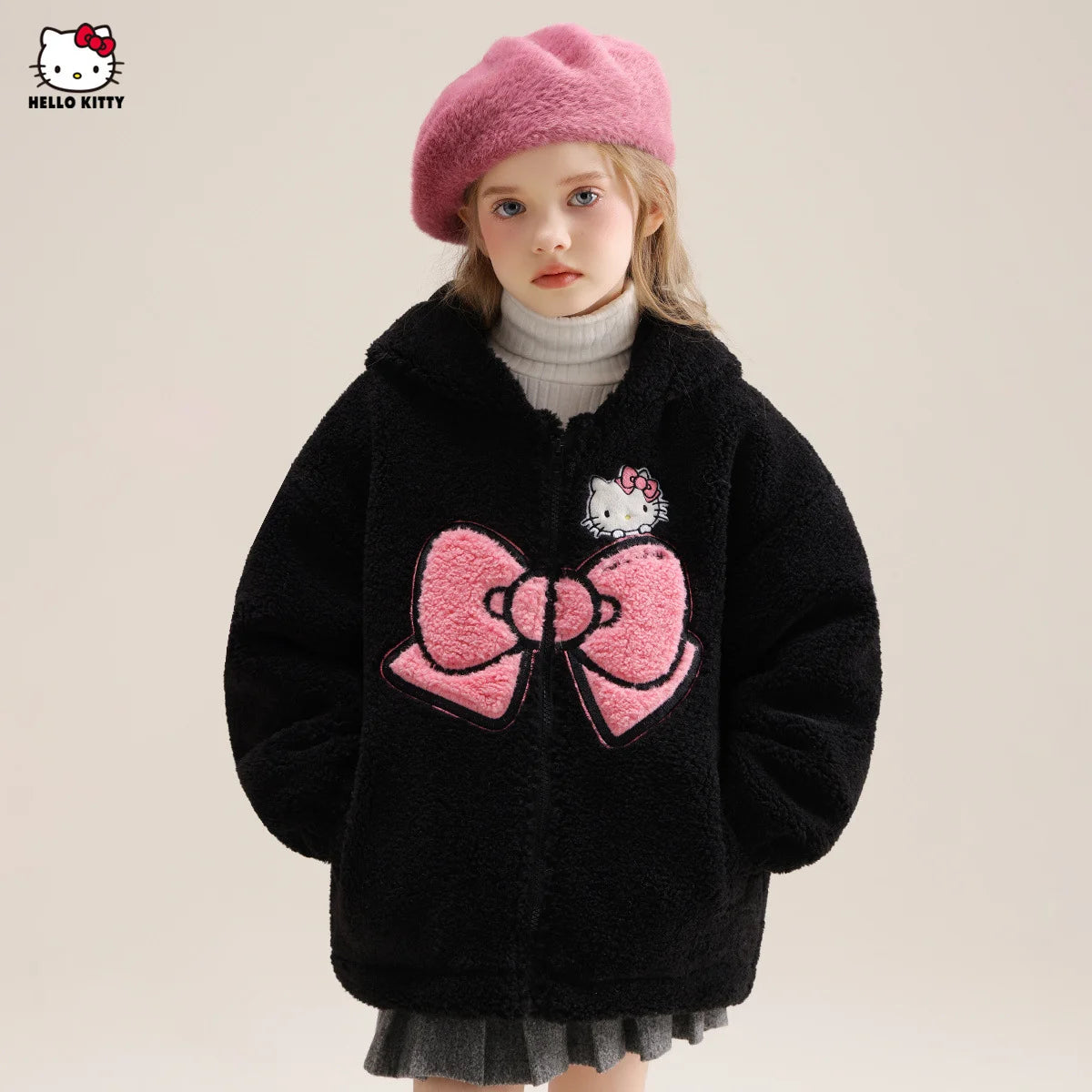 Sanrio Hello Kitty Girls' Thickened Fleece Jacket with Butterfly Design, Autumn and Winter Warm Loose Style - Versatile and Vers