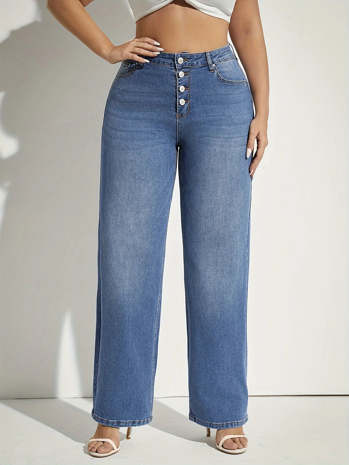 Plus Size Women High Waist Wide Leg Jeans Pants Casual Streetwear Vintage Relaxed Fit Trendy Everyday Blue Trousers Fashion