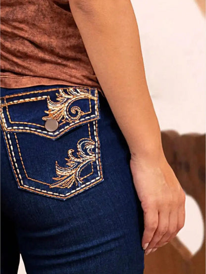 【HME】Exquisite Embroidery On Pockets & Leg, Stretch & Comfortable Ladies Country Outfit, Western Wear Women Vintage Jeans