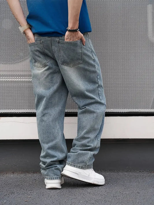 Men'S Casual Straight Wash Jeans - Light Blue, Loose Fit, Oblique Pocket, Comfortable Blend, Suitable For Casual Wear