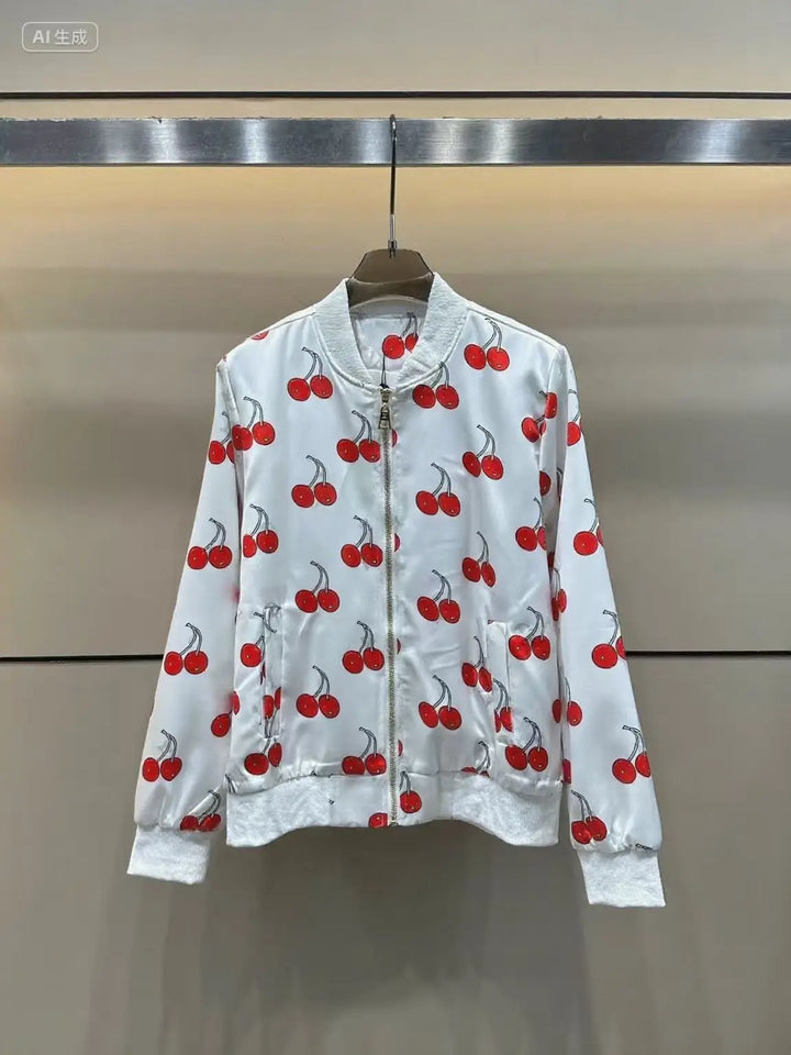 2025 Dam Ny Presbyopi Logotyp Körsbärstryckt Långärmad Jacka Dragkedjeförsedd Jacka