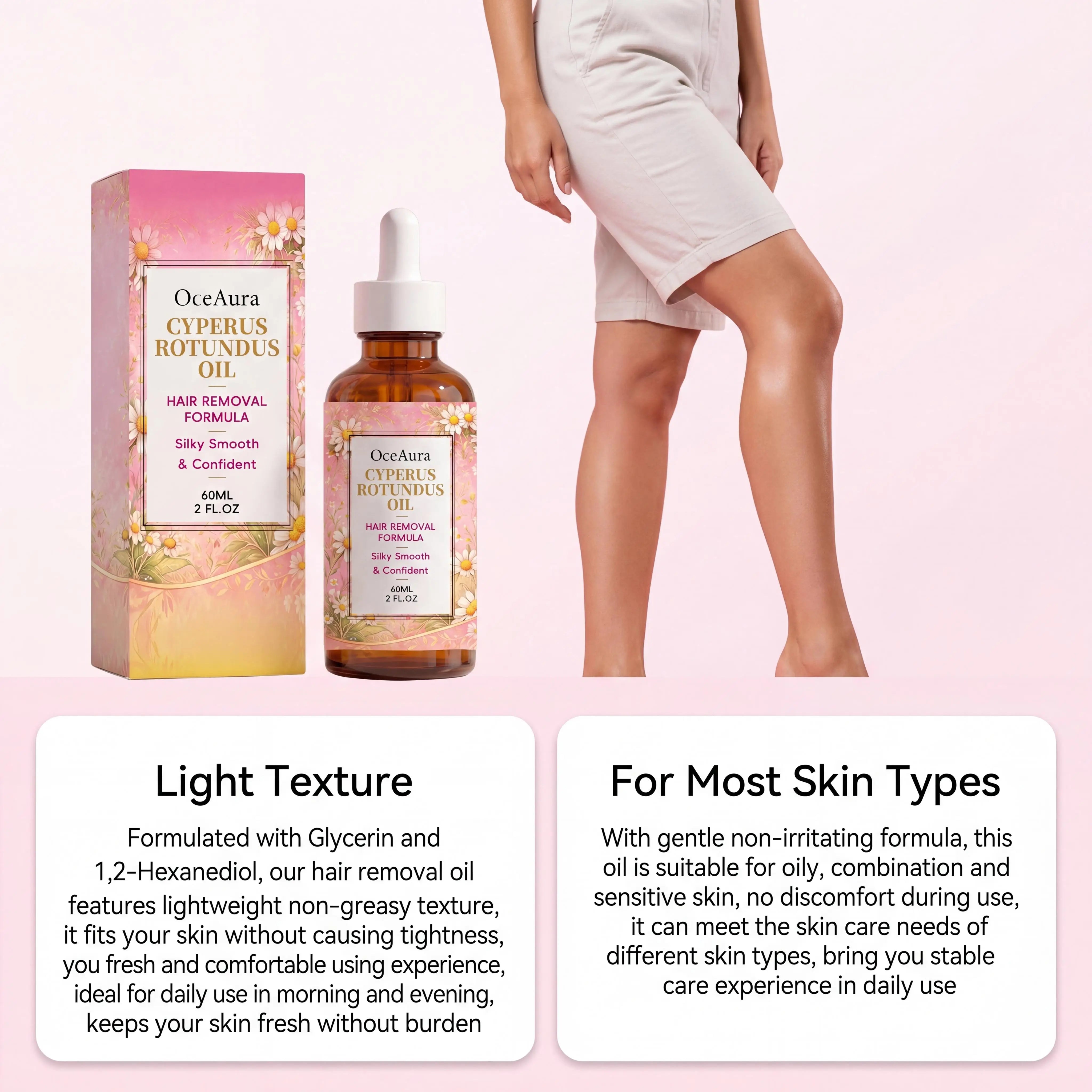Oceaura Rotundus Hair Removal Care Essential Oil Reduces Growth Soothing Moisturizing Shrinking Pores Body Hair Removal Gentle Depilatory Care Oil