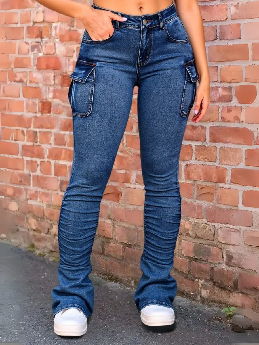 【HME】Women's Asymmetrical Waist Jeans Straight Tapered Boyfriend Denim Pants Women's Mid-Rise Stretchy Washed Casual Jeans