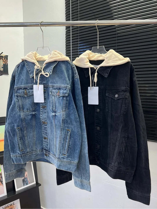 2025 Custom Heavyweight Denim Jacket Streetwear Oversized Hooded Coat with Vintage Wash & Custom Hardware Urban Fashion