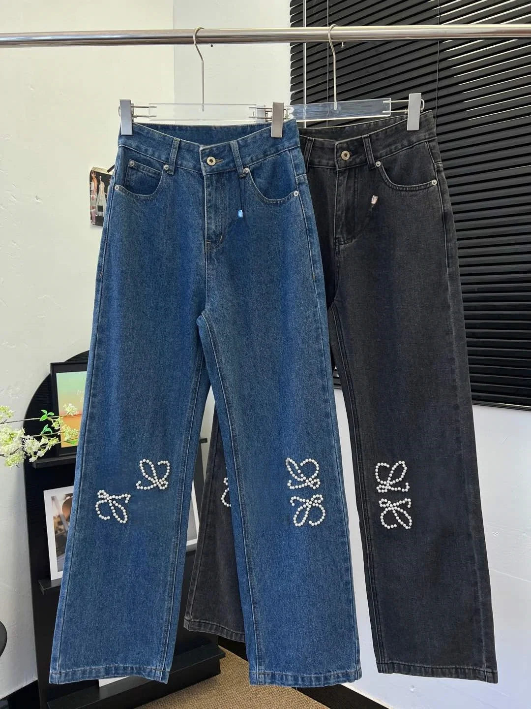 Trendy 2025 Pearl Embroidery Vintage Jeans Women's High Waist Denim Pants Retro Fashion Streetwear Casual Trousers Hip Hop