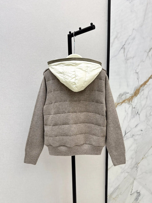 2025 Autumn and Winter Slim New Women's Clothing Hooded Knitted Spliced Down Jacket Nylon Wool Knitted 90 White Goose Down Linin