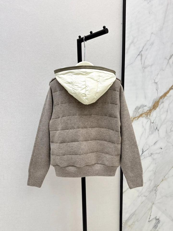 2025 Höst och Vinter Tunn Ny Damklädsel Med Huva Stickad Ihopsydd Dunjacka Nylon Ullstickad 90 Vit Gåsdun Foder