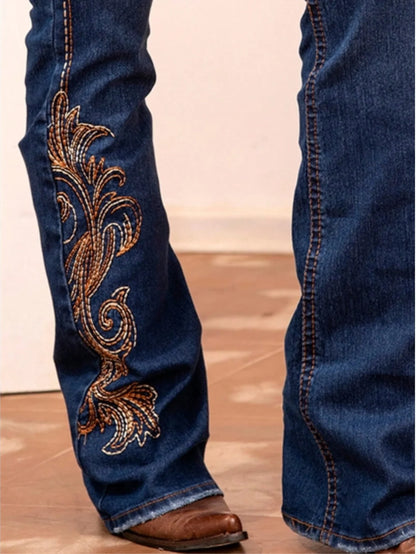【HME】Exquisite Embroidery On Pockets & Leg, Stretch & Comfortable Ladies Country Outfit, Western Wear Women Vintage Jeans