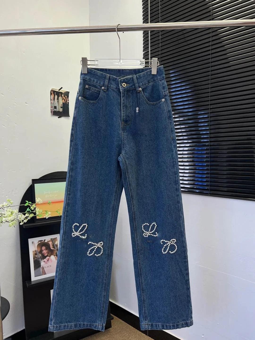 Trendy 2025 Pearl Embroidery Vintage Jeans Women's High Waist Denim Pants Retro Fashion Streetwear Casual Trousers Hip Hop