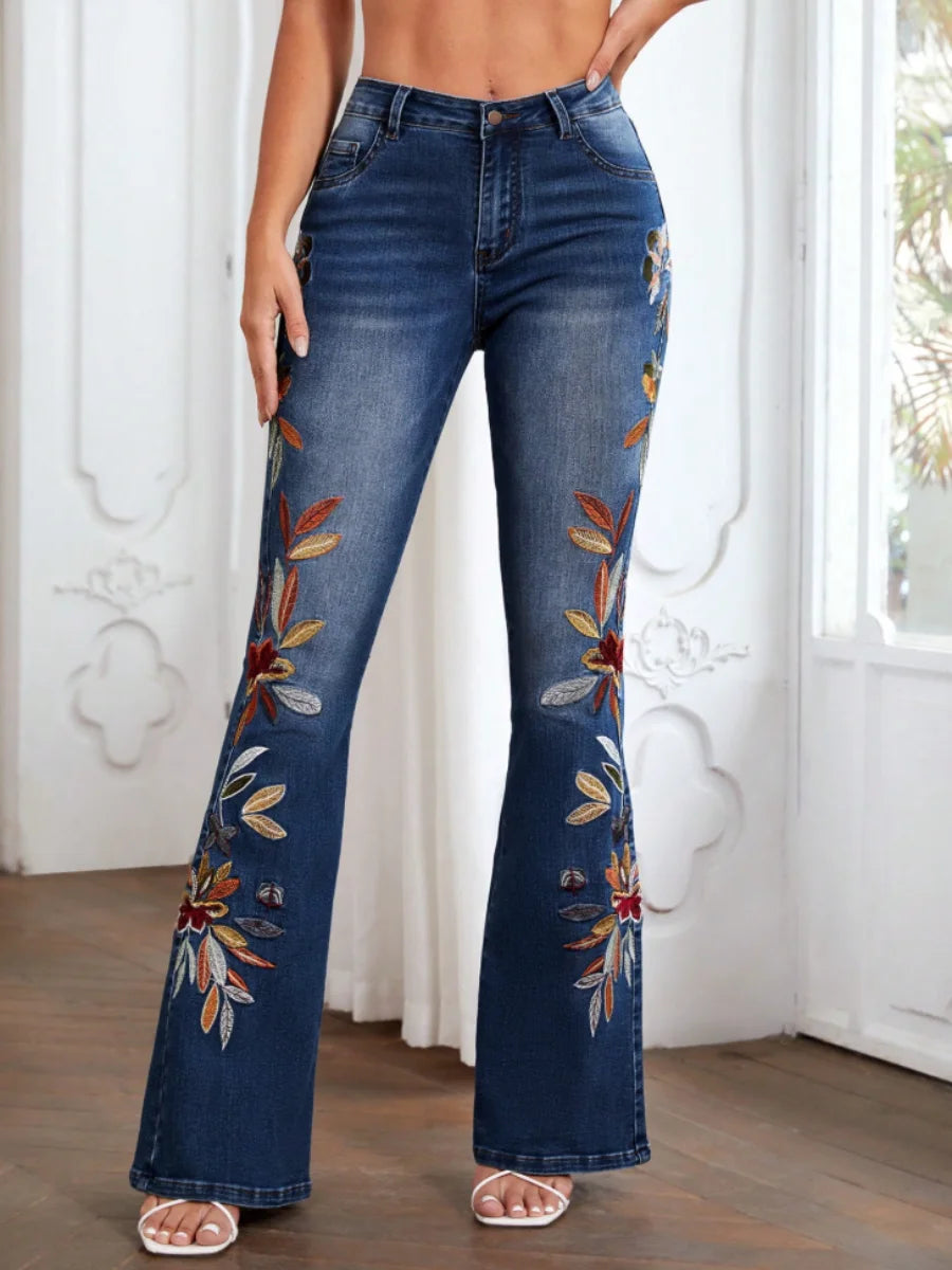 【HME】Women's Bohemian Mid-Waist High-Waisted Stretch Bell-Bottom Jeans - Floral Print & Multicolor Boho-Embroidery