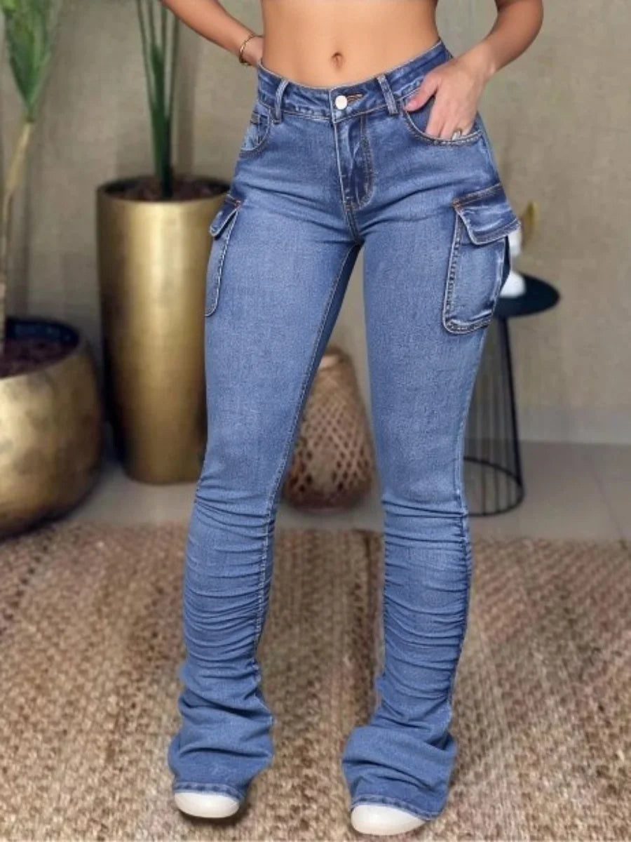 【HME】Women's Asymmetrical Waist Jeans Straight Tapered Boyfriend Denim Pants Women's Mid-Rise Stretchy Washed Casual Jeans