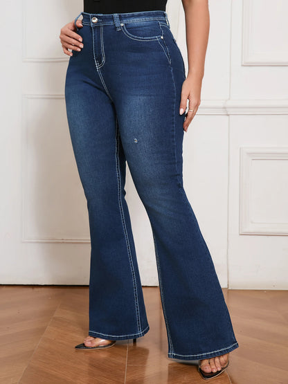 Women Plus Size High Waist Flare Jeans Vintage Stretch Denim Pants Slim Fit Casual Streetwear Retro Bootcut Long Trousers