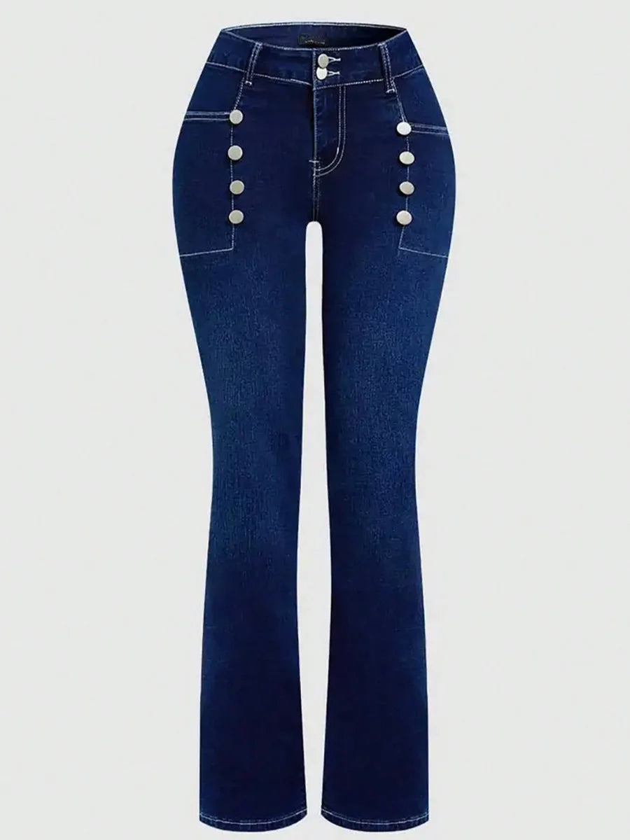 HME Y2K Double Breasted Flared Denim Jeans Cowgirl Butt Lifting High Waist Fashion Pants Women's Stretchy Tummy Control Trousers