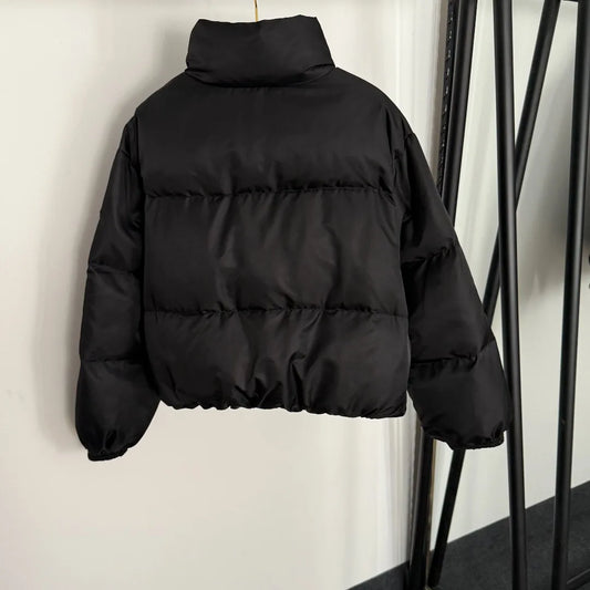 2025 New Women's Logo Armband Zipper Double Pocket Solid Color Versatile Stand-Up Collar Long Sleeve Short down Jacket Black