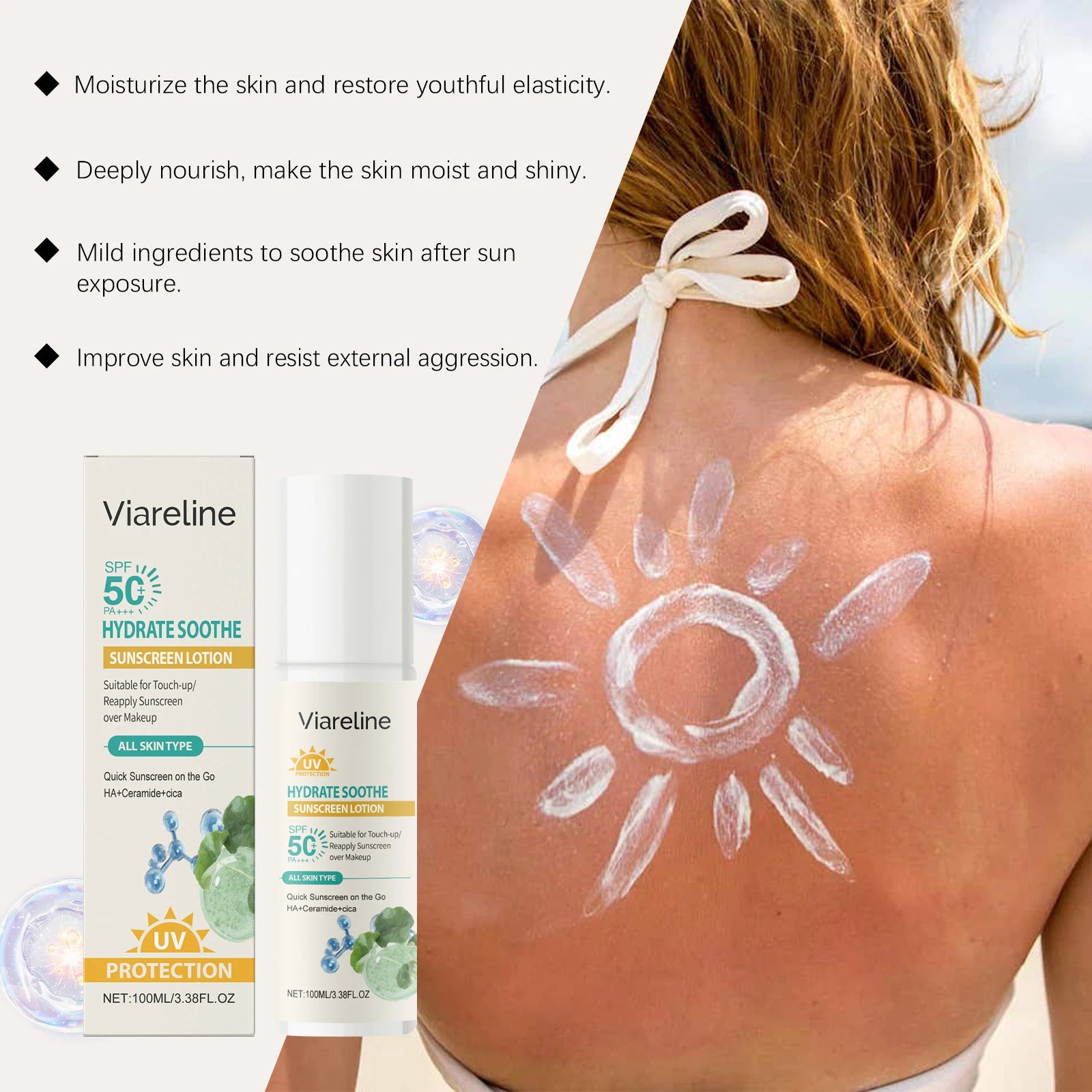 Viareline Hydrating Sunscreen Lotion Lasting Nourishing Prevent UV Refreshing Protective Soothing Redness Skin Sunscreen Cream