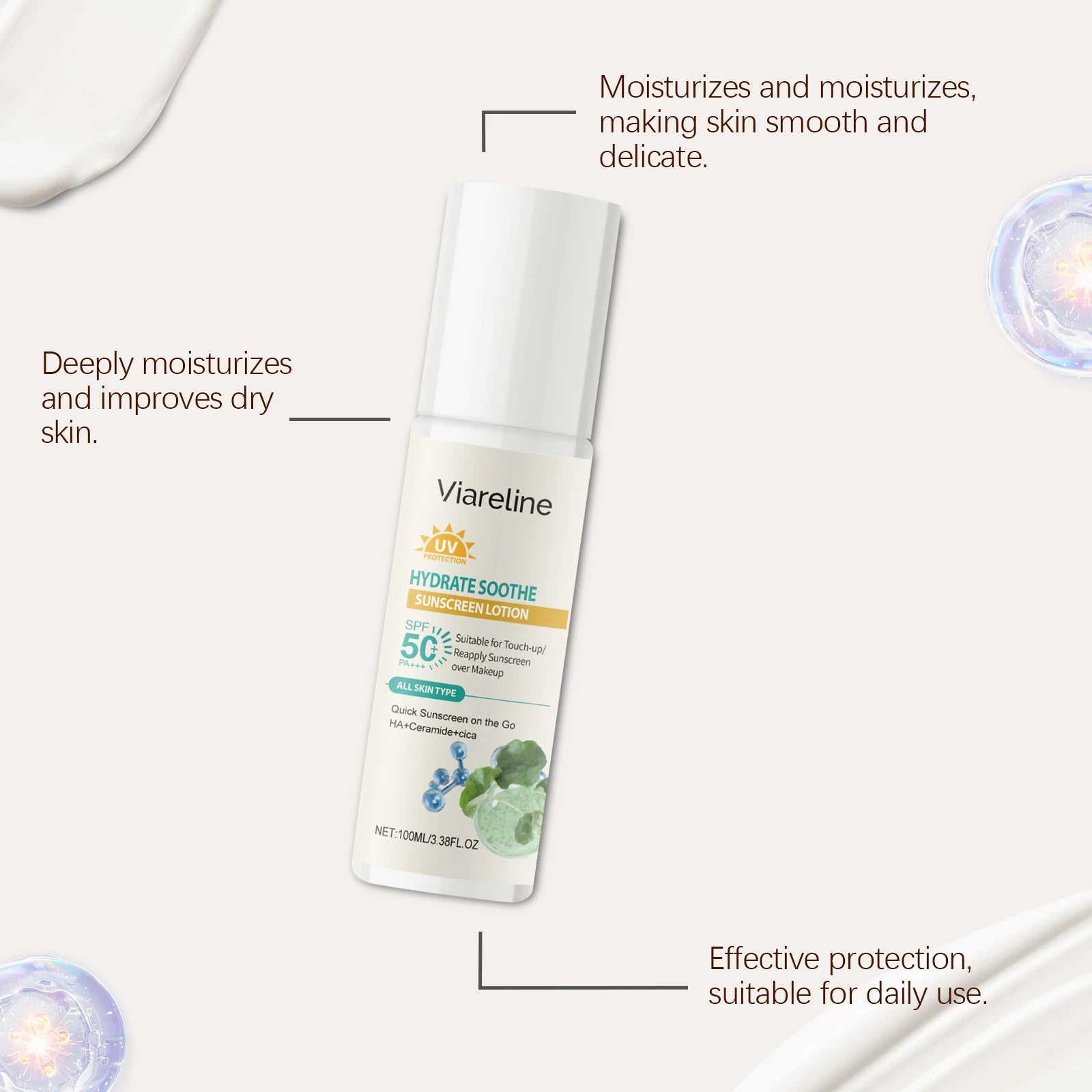 Viareline Hydrating Sunscreen Lotion Lasting Nourishing Prevent UV Refreshing Protective Soothing Redness Skin Sunscreen Cream