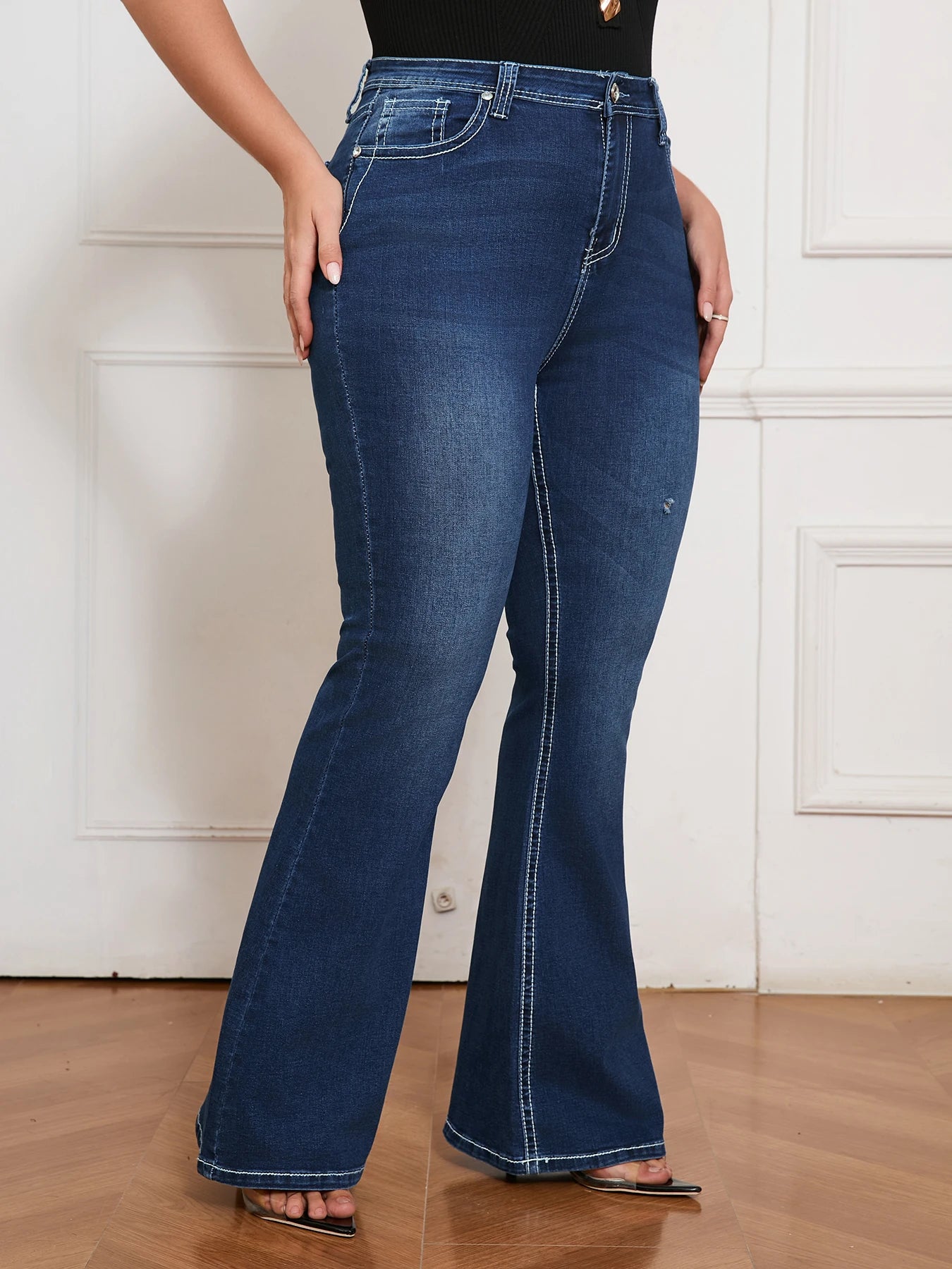 Women Plus Size High Waist Flare Jeans Vintage Stretch Denim Pants Slim Fit Casual Streetwear Retro Bootcut Long Trousers