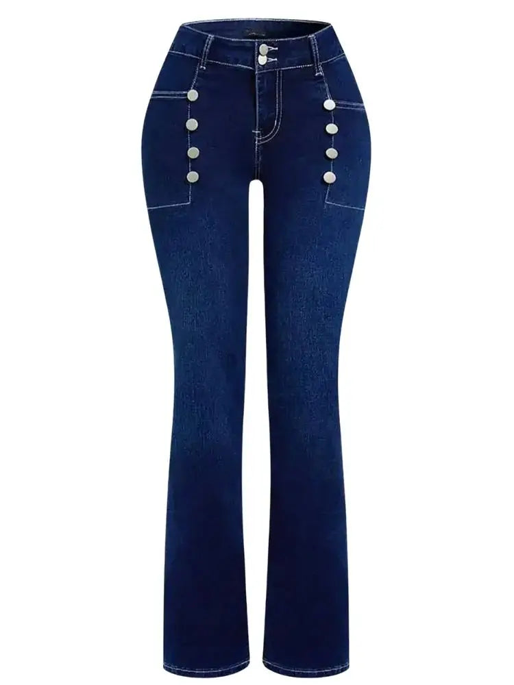 HME Y2K Double Breasted Flared Denim Jeans Cowgirl Butt Lifting High Waist Fashion Pants Women's Stretchy Tummy Control Trousers
