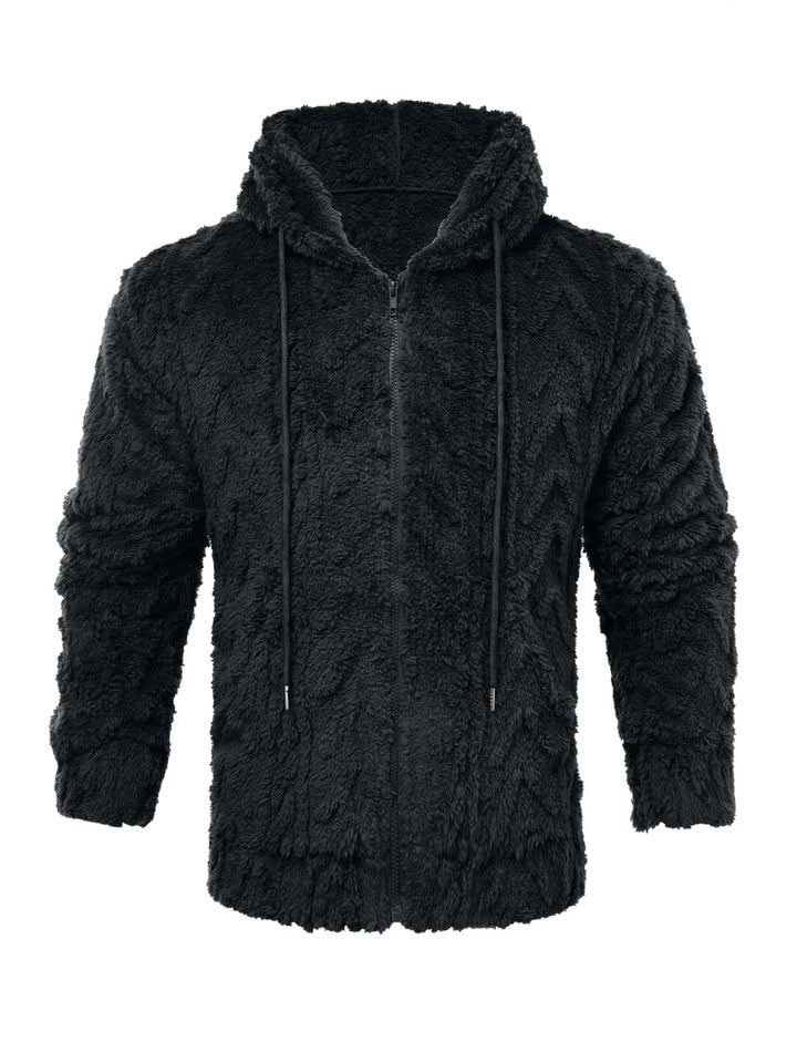 Men's letter drawstring hooded teddy bear jacket, jacquard velvet fabric is soft and comfortable, double pocket design