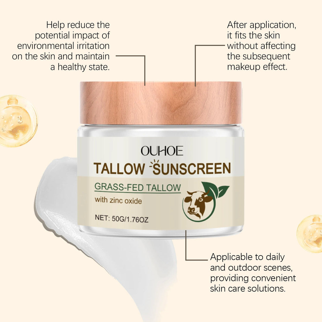 Ouhoe 50g Beef Tallow Sunscreen Uv Isolation Protect Oil Control Soothe Sunburn Moisturize Face Summer Refreshing Care Sunblock Halalzen
