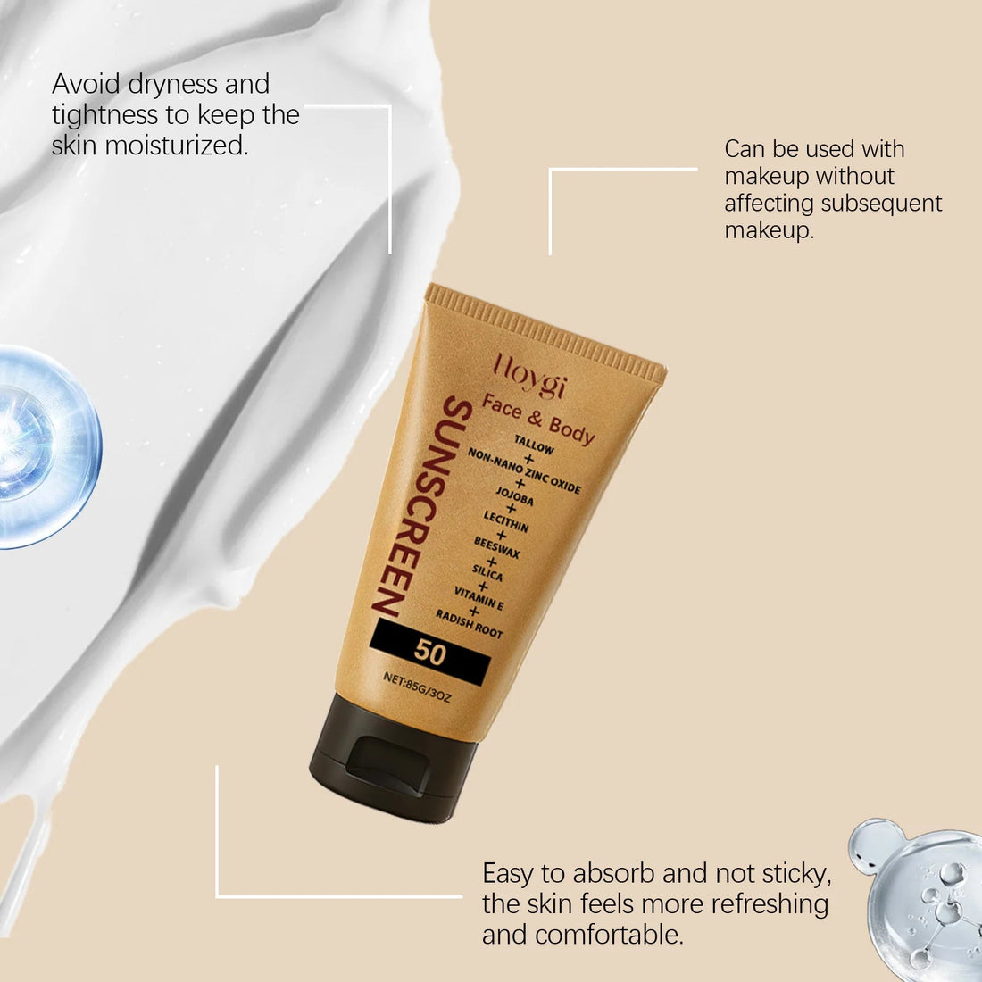 80g Lightweight Sunscreen Cream Deep Moisturizing Relief Dryness & Redness Nourishing UV Protection Non-sticky Sunblock Lotion Halalzen