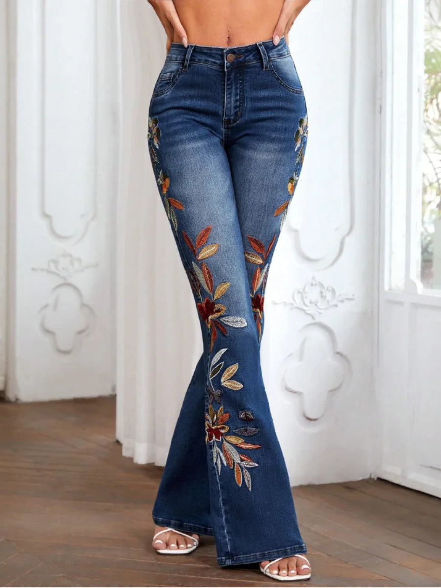 【HME】Women's Bohemian Mid-Waist High-Waisted Stretch Bell-Bottom Jeans - Floral Print & Multicolor Boho-Embroidery