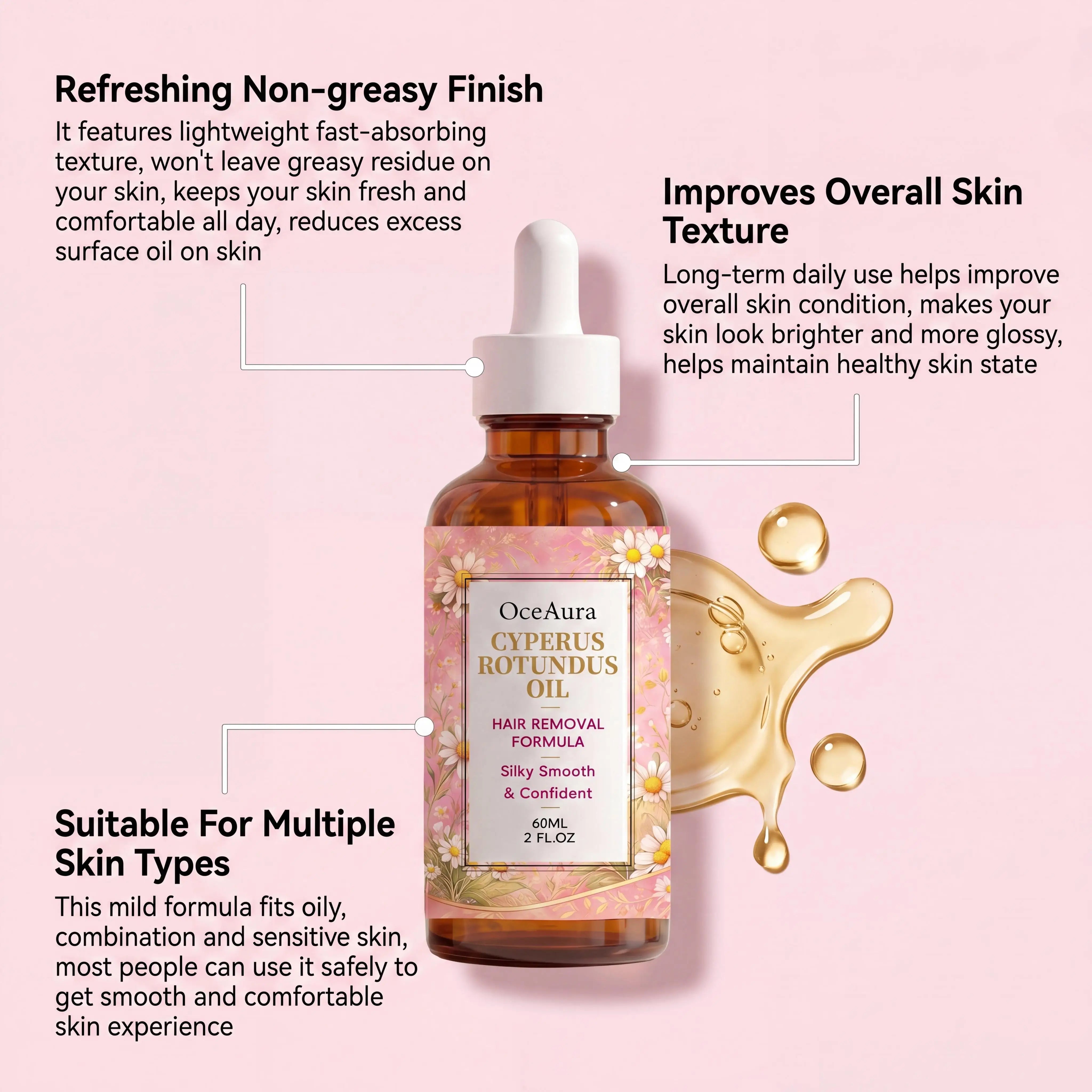 Oceaura Rotundus Hair Removal Care Essential Oil Reduces Growth Soothing Moisturizing Shrinking Pores Body Hair Removal Gentle Depilatory Care Oil