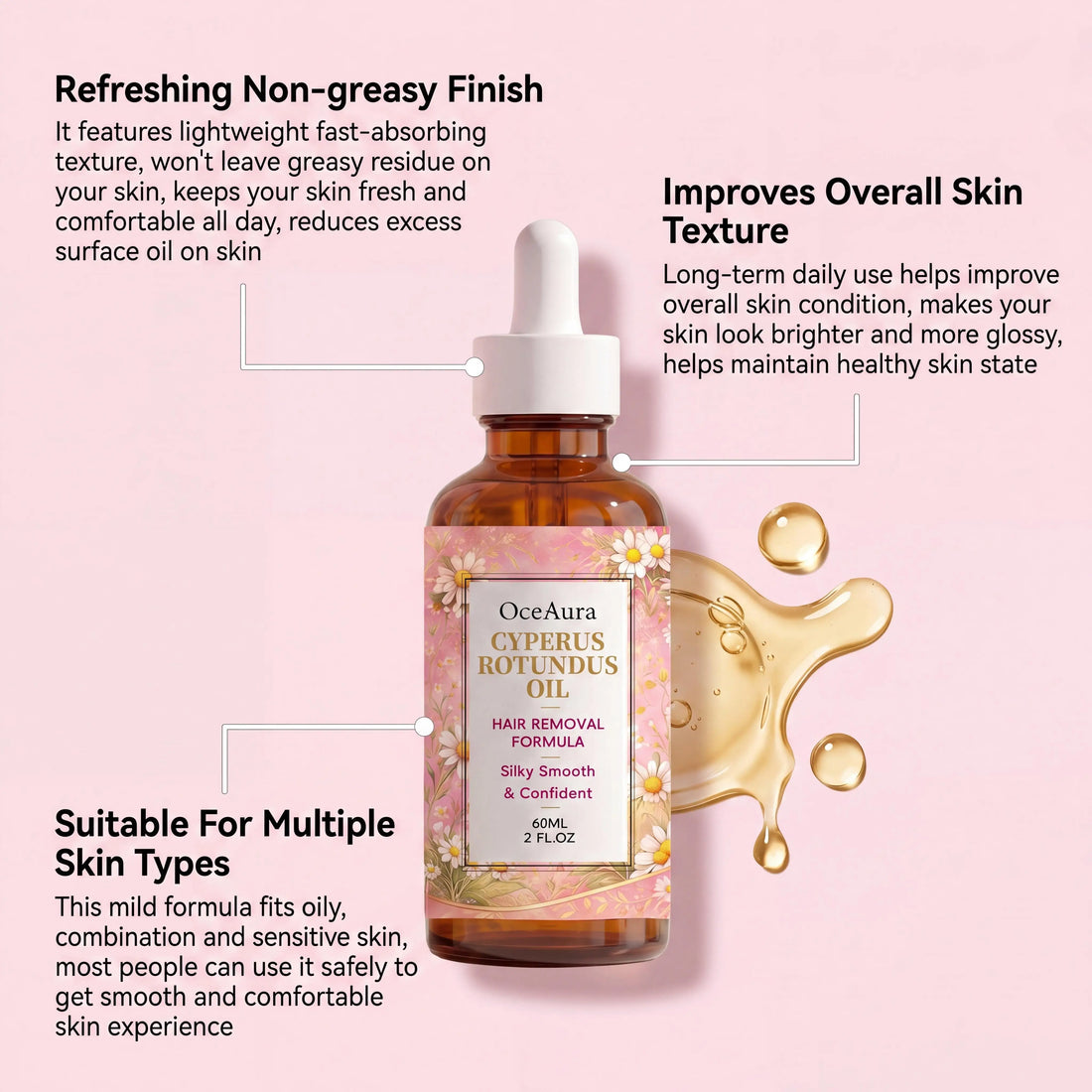 Oceaura Rotundus Hair Removal Care Essential Oil Reduces Growth Soothing Moisturizing Shrinking Pores Body Hair Removal Gentle Depilatory Care Oil