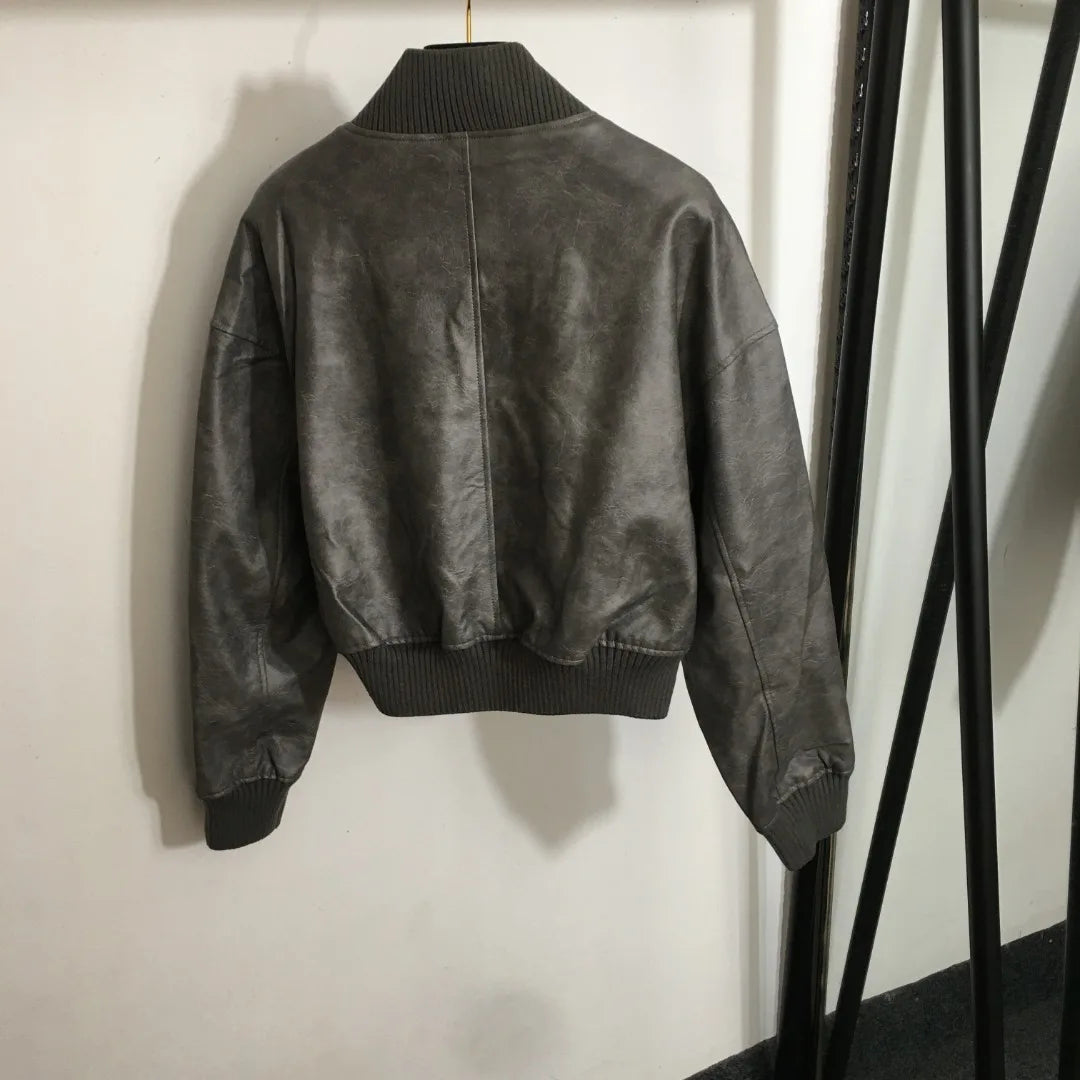 High quality autumn and winter women's short sleeved standing collar motorcycle PU leather jacket SU48